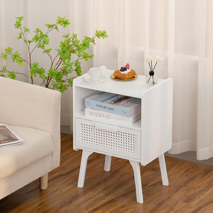 Lerliuo Rattan Nightstands Set of 2, Side Table with Drawer Open Shelf, Cane Accent Bedside End
