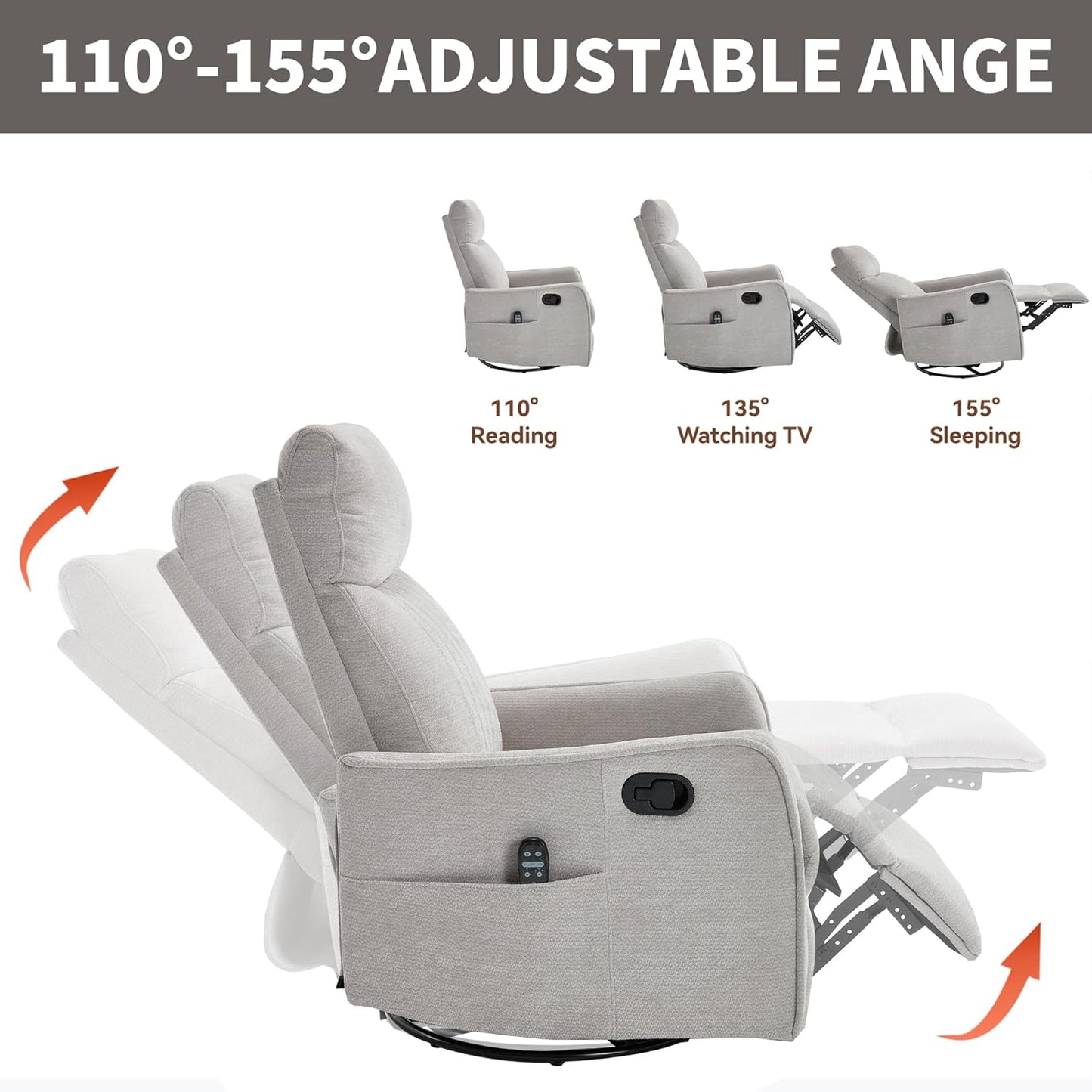 Manual Swivel Rocker Recliner Chair for Adults, Overstuffed Reclining Glider Chair for Nursing with