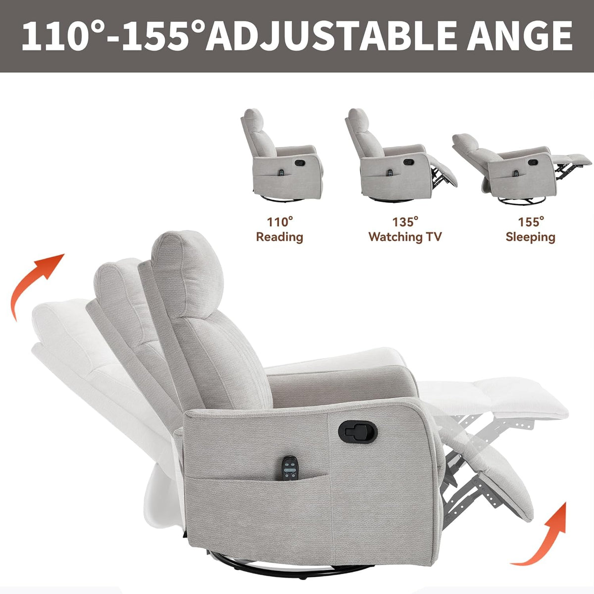 Manual Swivel Rocker Recliner Chair for Adults, Overstuffed Reclining Glider Chair for Nursing with
