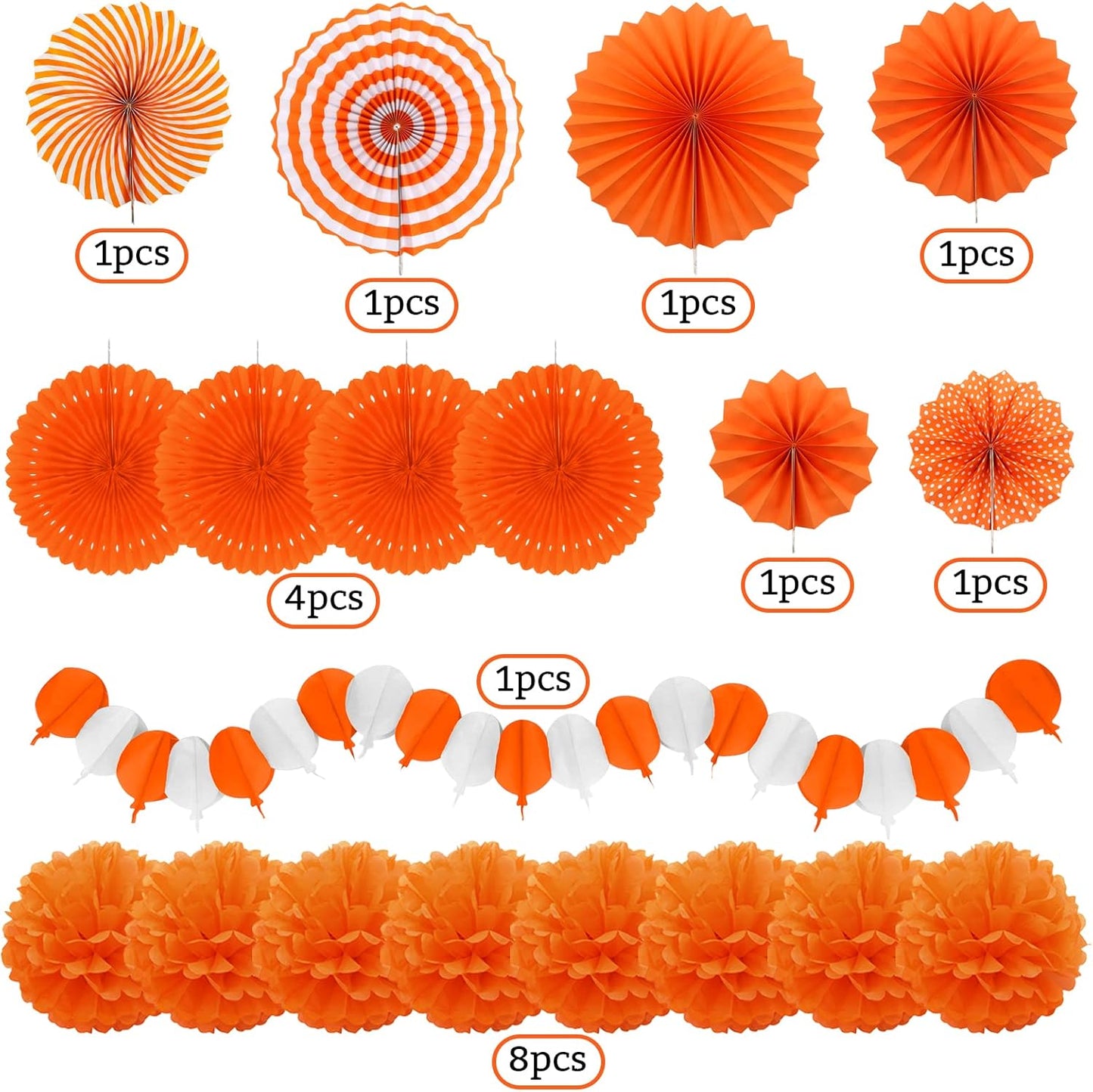 Orange Party Decorations, Papar Fans Pompoms Fans Garlands for Halloween Birthday Bridal Baby