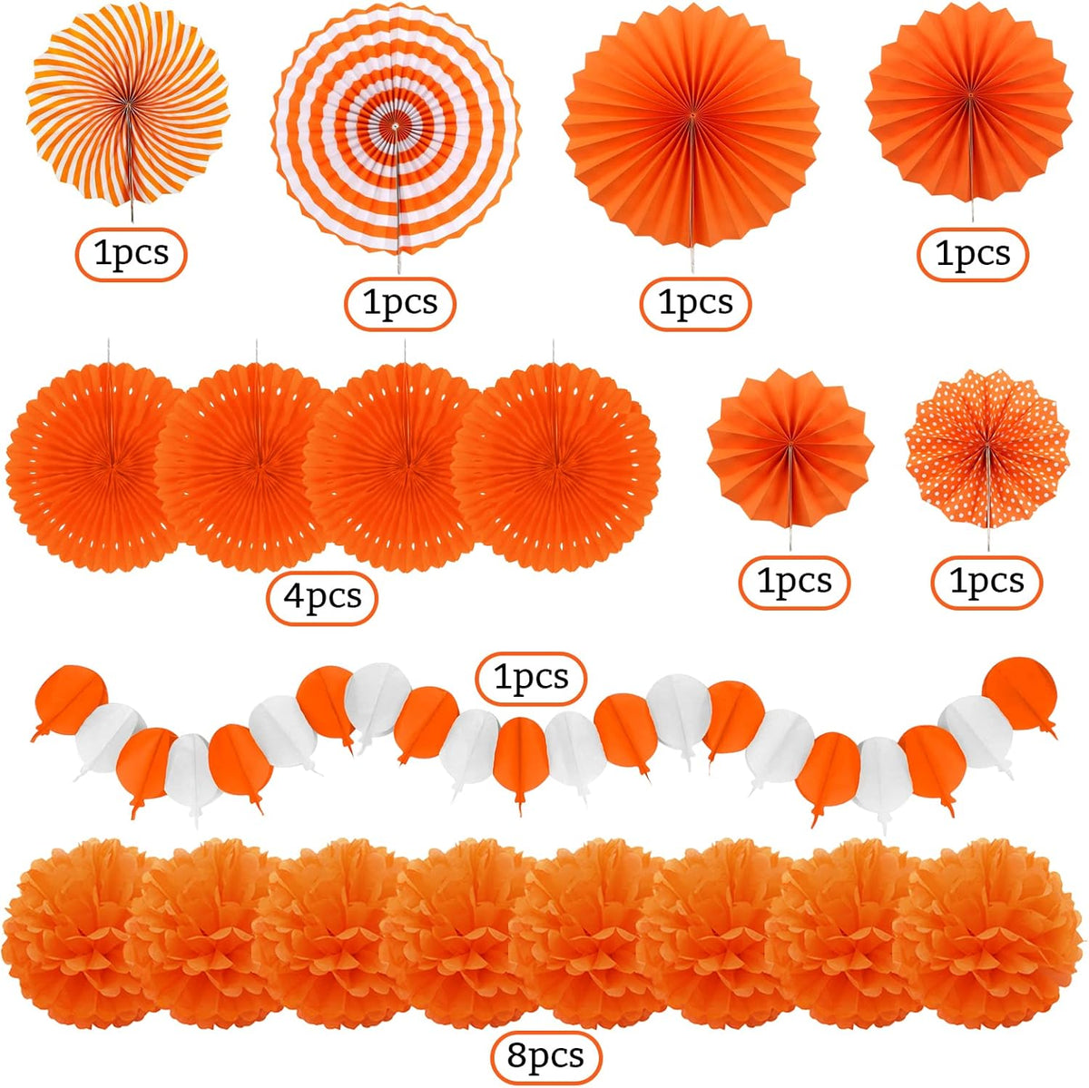 Orange Party Decorations, Papar Fans Pompoms Fans Garlands for Halloween Birthday Bridal Baby