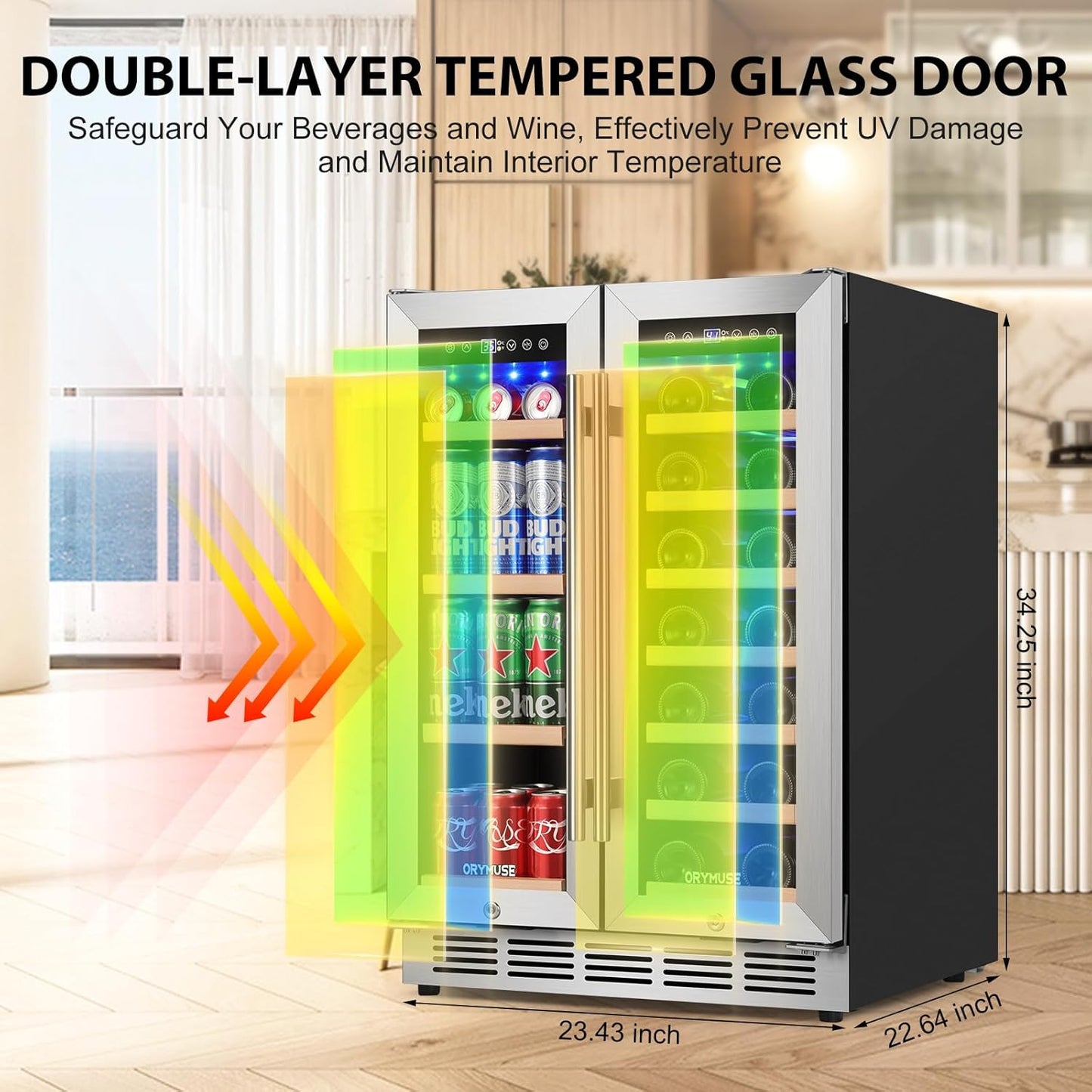 24 Inch Dual Zone Wine and Beverage Refrigerator, Built-in or Freestanding Cooler with French