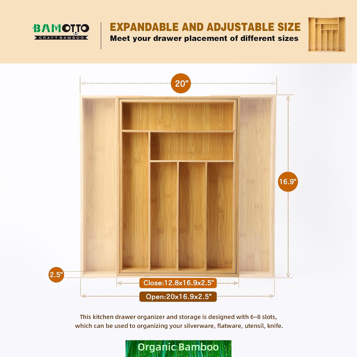 Expandable Bamboo Drawer Organizer – Large 20"x16.9" Size with Adjustable Dividers – for Kitchen