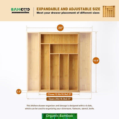 Expandable Bamboo Drawer Organizer – Large 20"x16.9" Size with Adjustable Dividers – for Kitchen