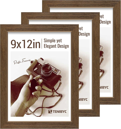 9x12 Frame 3 Pack - Brown Woodgrain, 9 x 12 Picture Frame for Photos, HD Tempered Glass, Tabletop