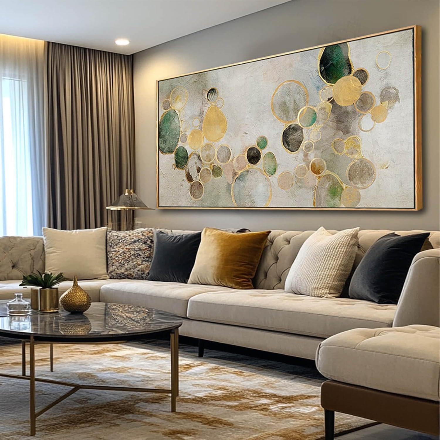 Abstract Canvas Wall Art Gold Circle Painting Green Artwork Framed Wall Prints 29"x 58" Office Wall