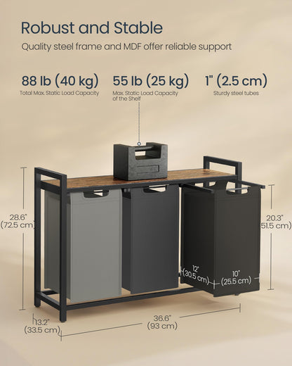 SONGMICS HOME Laundry Basket Sorter with Storage Shelf, Laundry Hamper with Metal Frame, 3 x 10.6