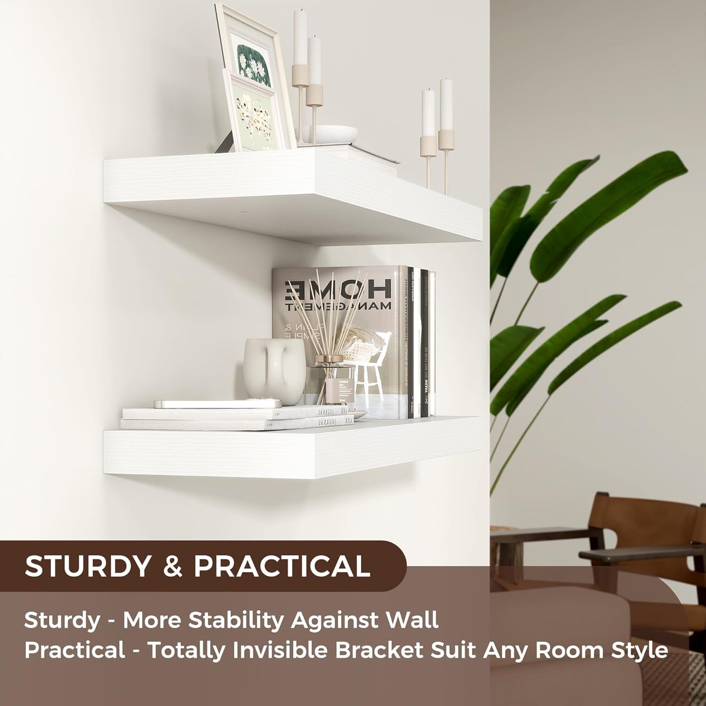 Floating Shelves - 2 Large Wall Mounted Shelves with Invisible Brackets, Long Wood Floating Wall