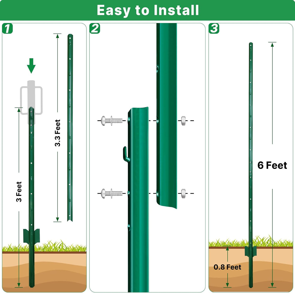 ARIFARO Sturdy Duty Metal Fence Posts 6 Feet assemblable,Pack of 10,No Digging Garden U Post for