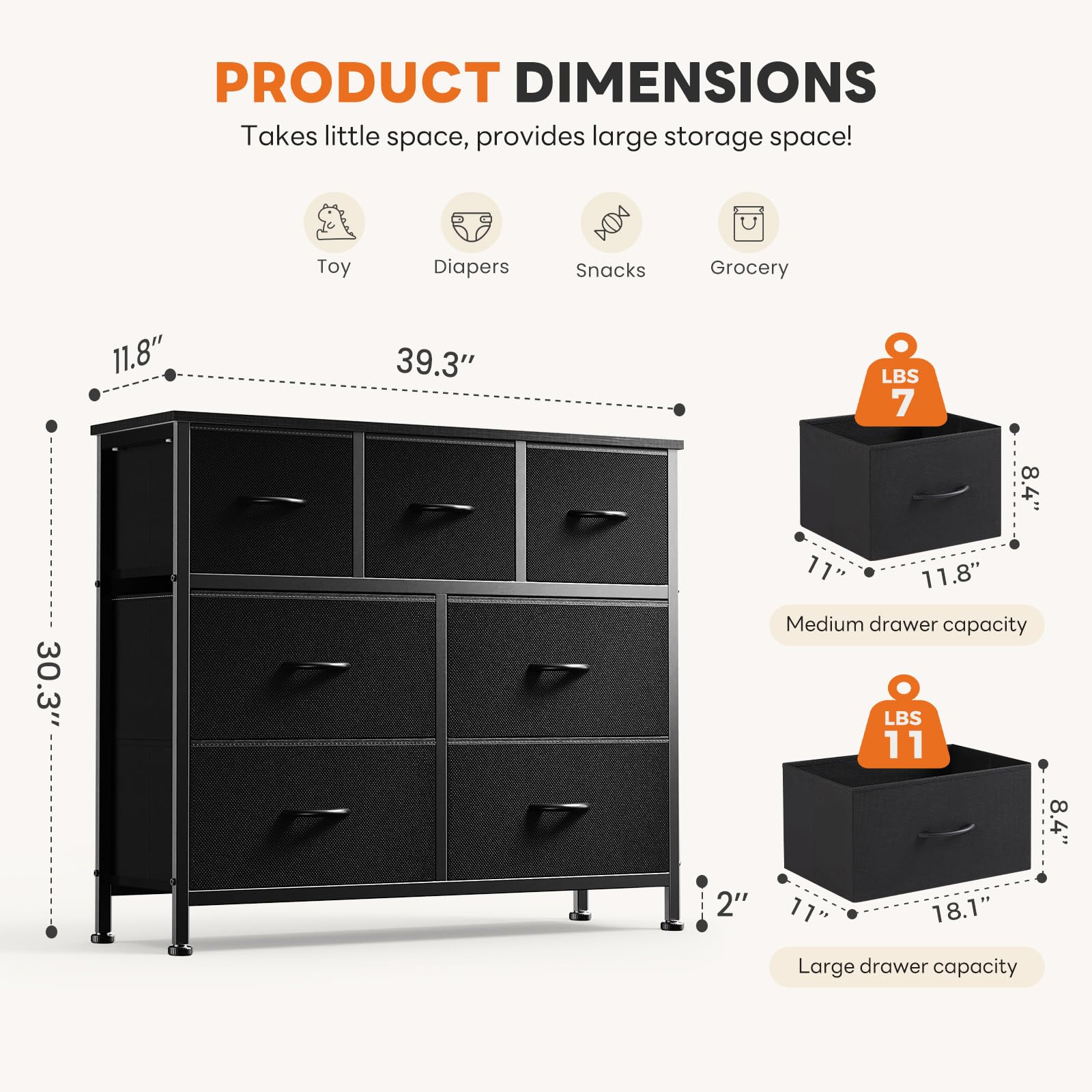 Sweetcrispy 7 Drawer Fabric Dresser for Bedroom Storage with Bins, Black