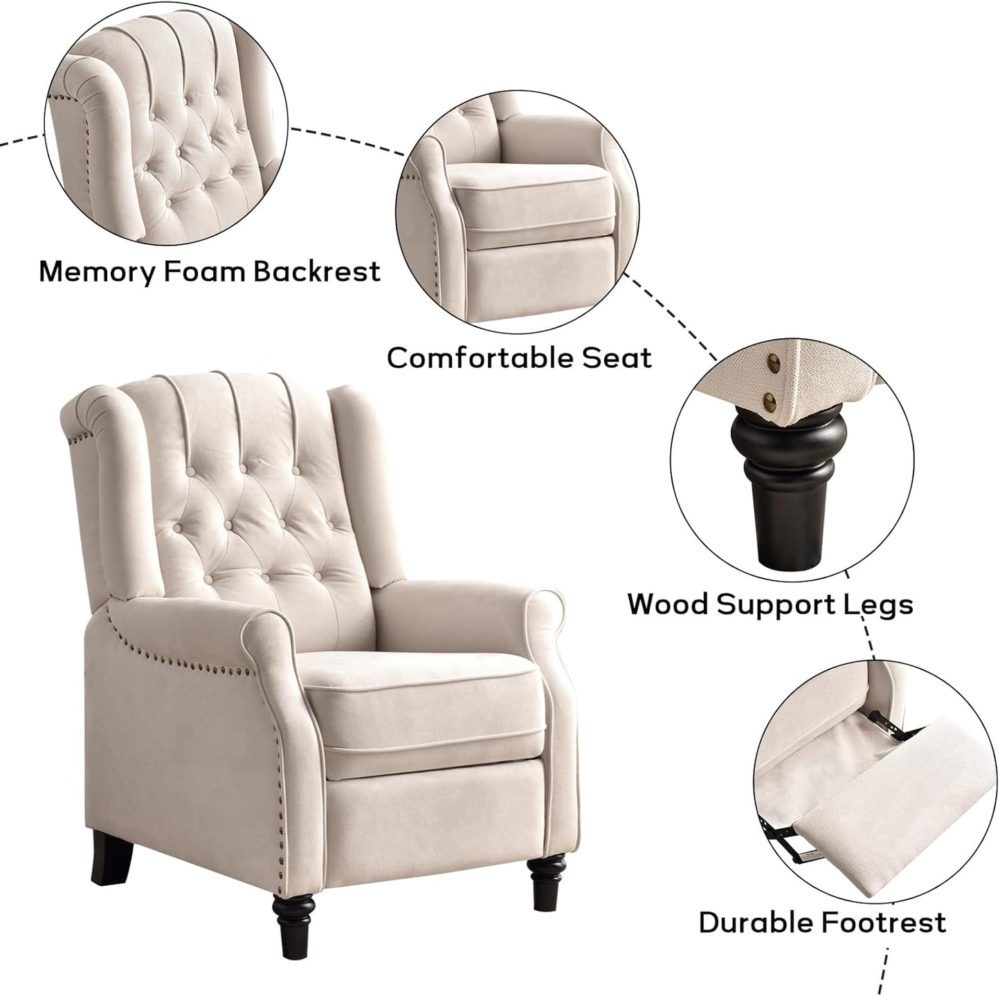 EBELLO 2 Pcs Pushback Recliner Chairs, Fabric Armchair Push Back Recliner with Rivet Decoration