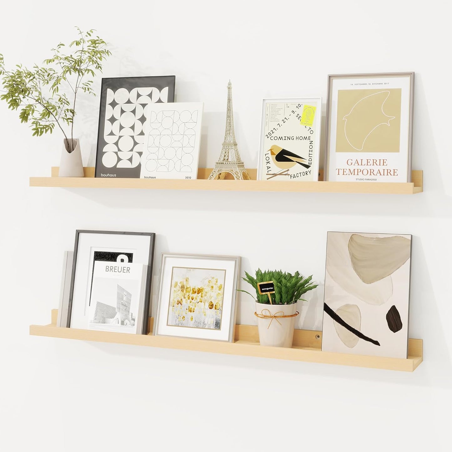 Picture Ledge Shelf, Solid Pine Wood Floating Shelves Set of 2, 32 Inches Nursery Book Shelves for