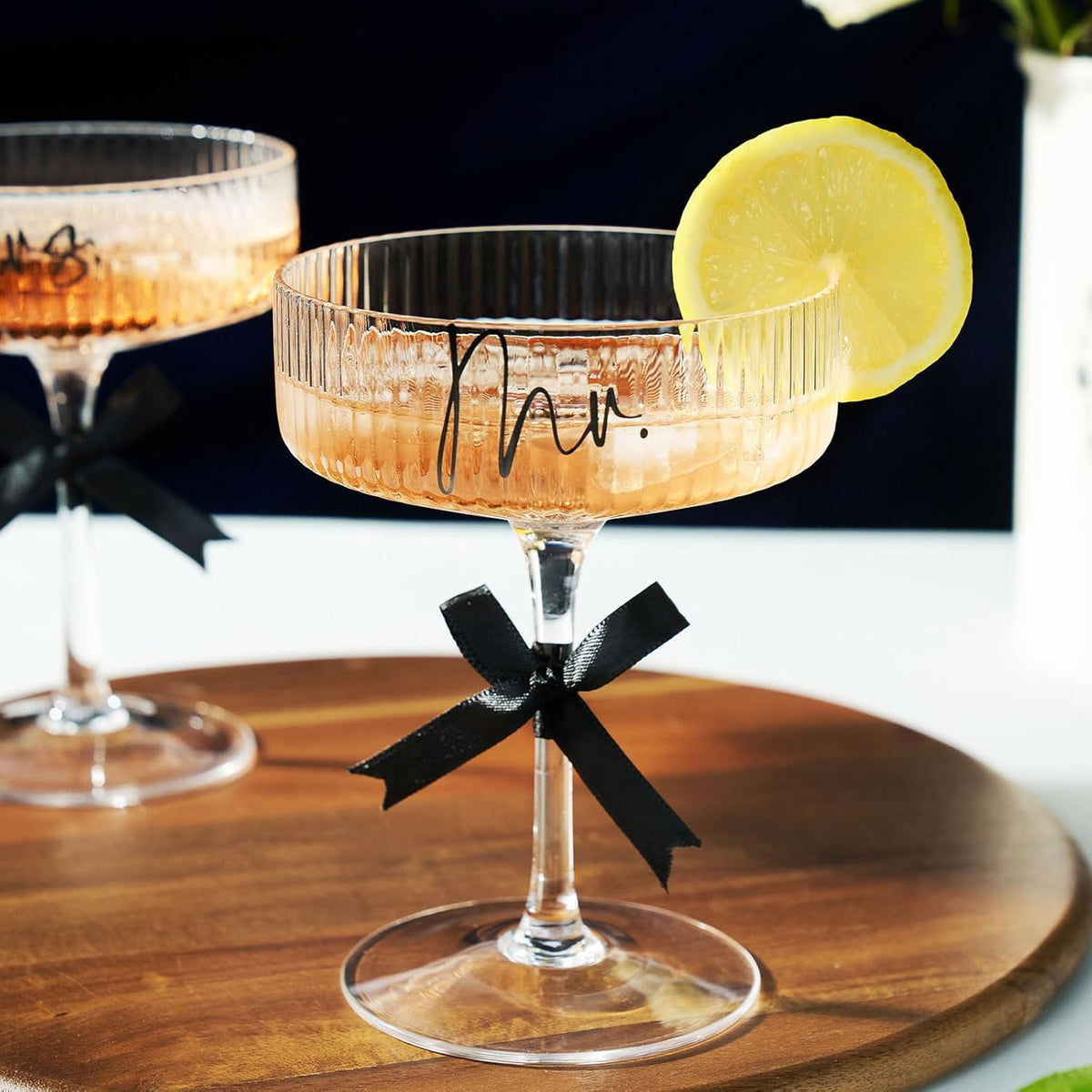 Ribbed Coupe Glasses for Anniversary Engagement Wedding Bridal Shower Gifts for Couple, Crystal