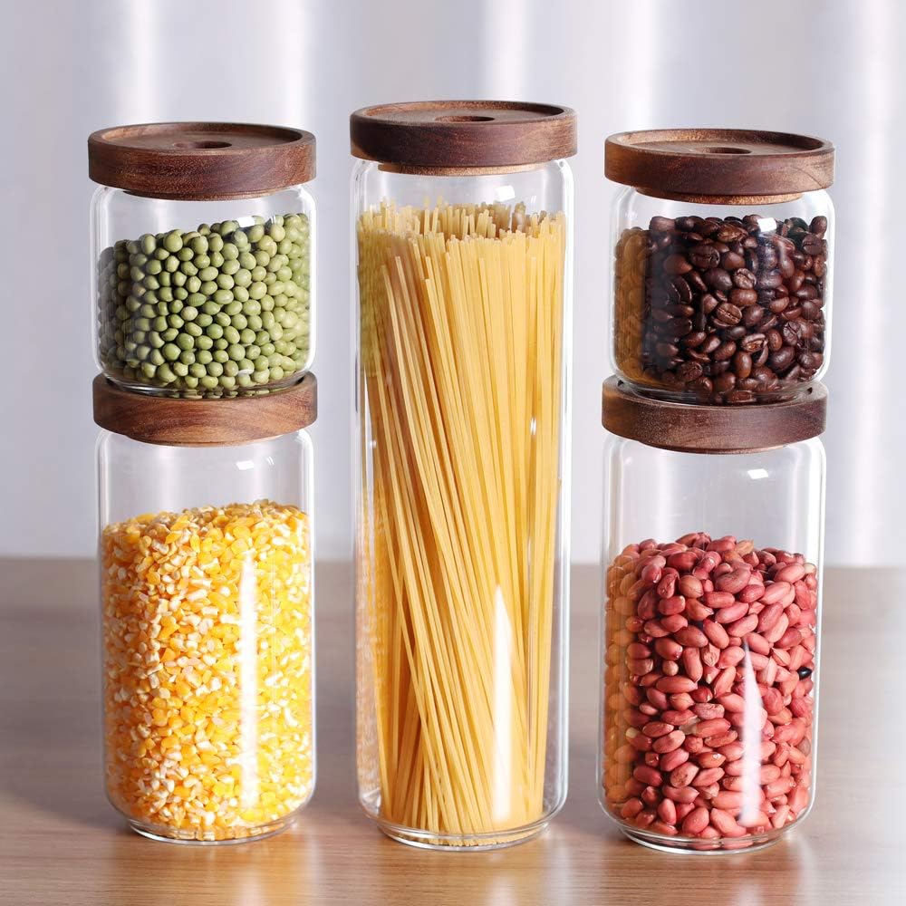 Glass Canisters Set of 5 for the kitchen, Glass Storage Container jars with Airtight Acacia Lid for
