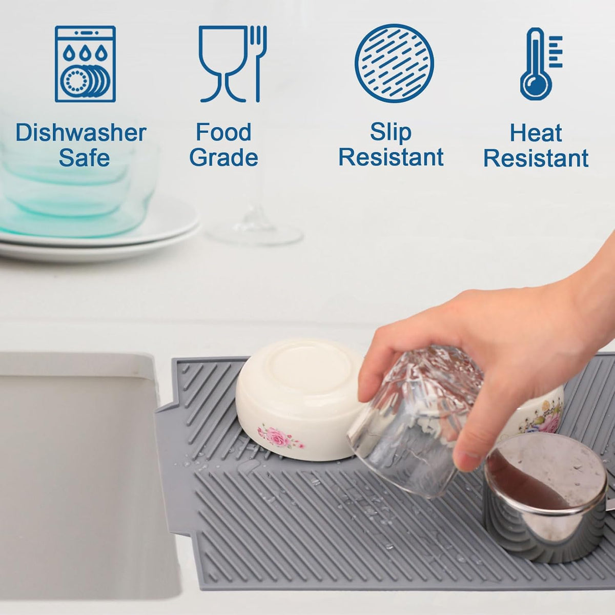 Silicone Dish Drying Mat for Kitchen Counter, 15''x 10'' Drying Mat with Drain Lip, Non-Slip Dish