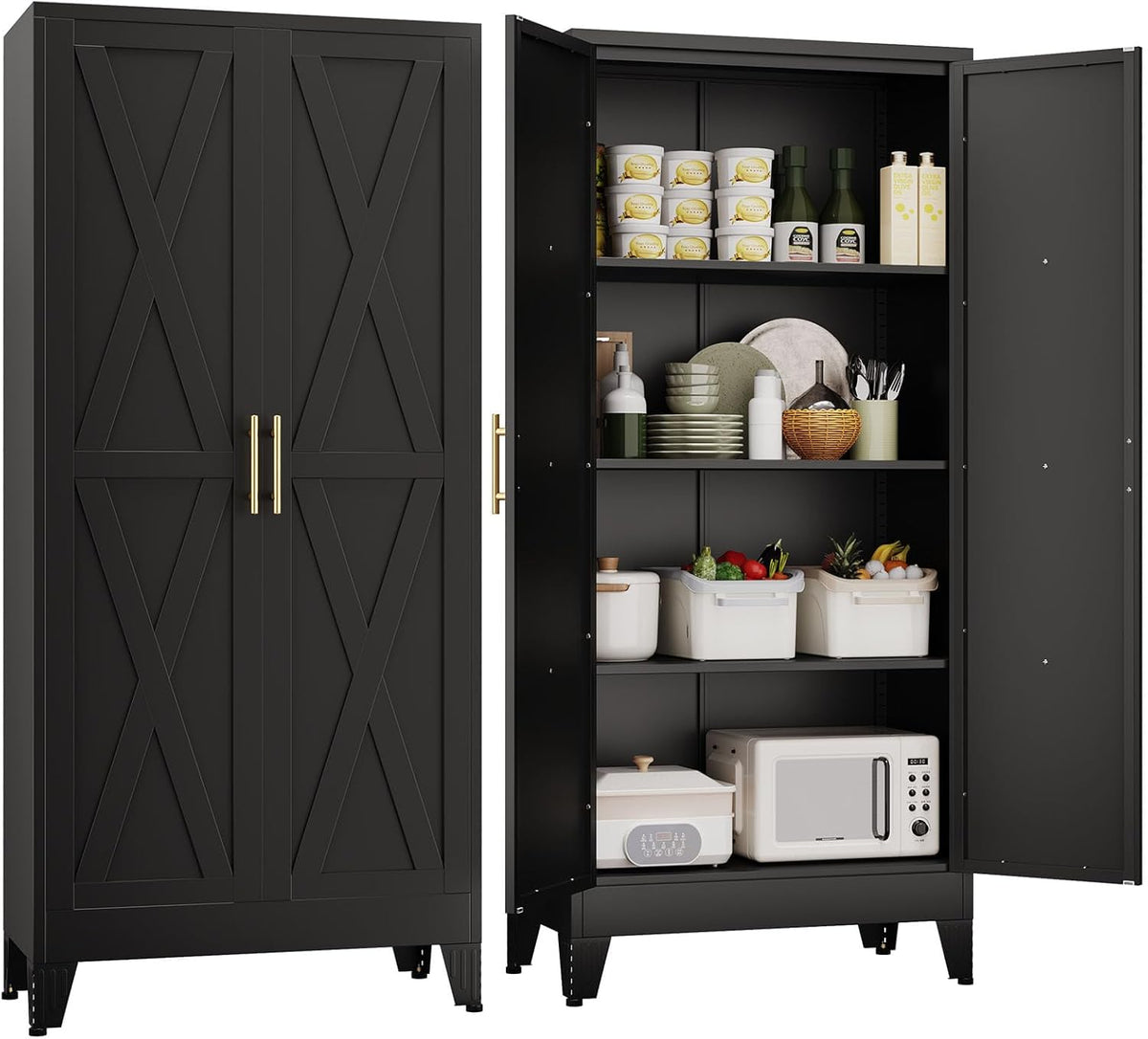 61" H Metal Kitchen Pantry Storage Cabinet, Freestanding Cupboard with 2 Doors and 3 Adjustable