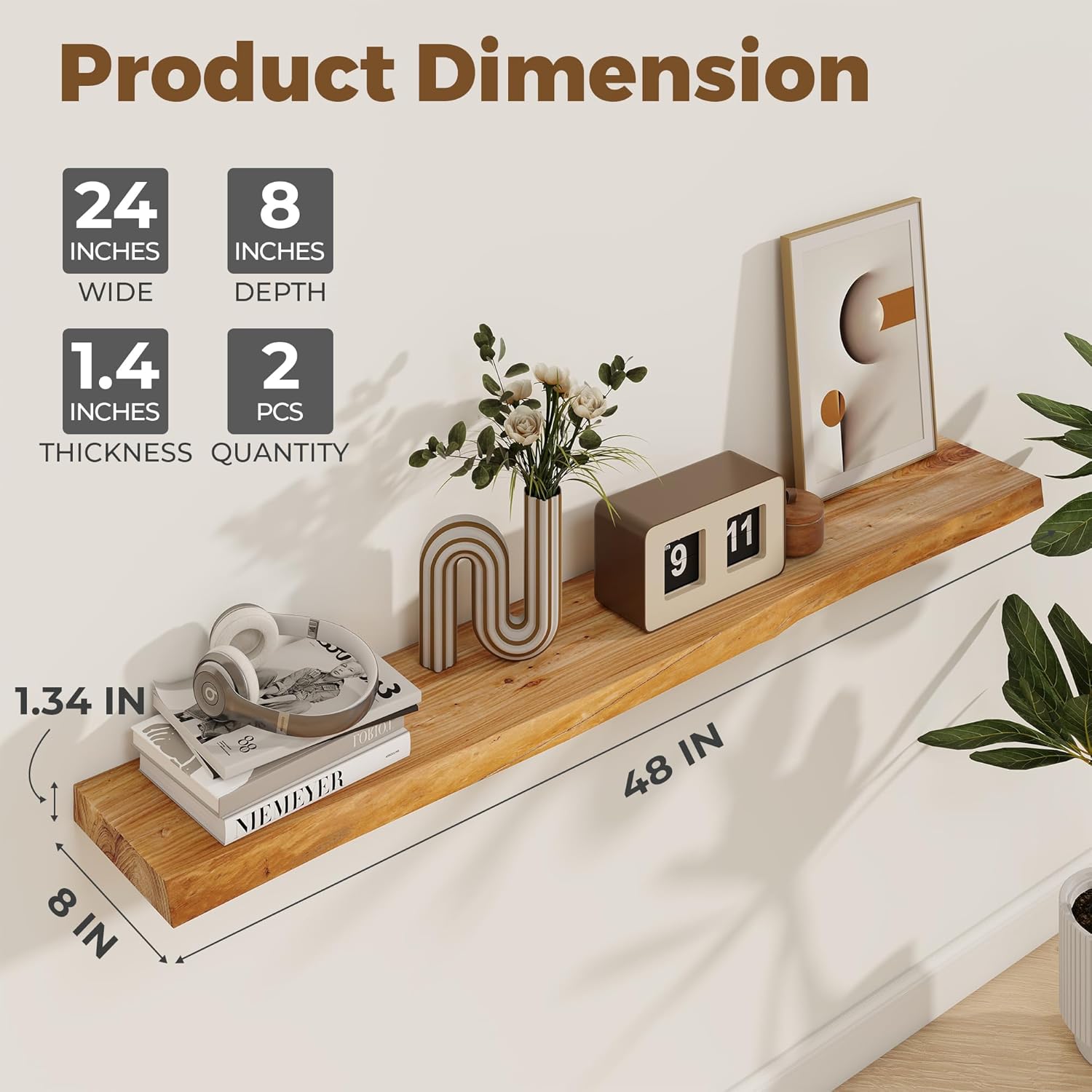 Axeman 48 inch Floating Shelves for Wall - 8'' D Live Edge Rustic Solid Elm Wood Floating Shelves