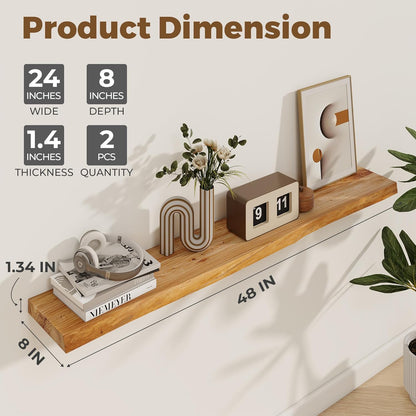 Axeman 48 inch Floating Shelves for Wall - 8'' D Live Edge Rustic Solid Elm Wood Floating Shelves