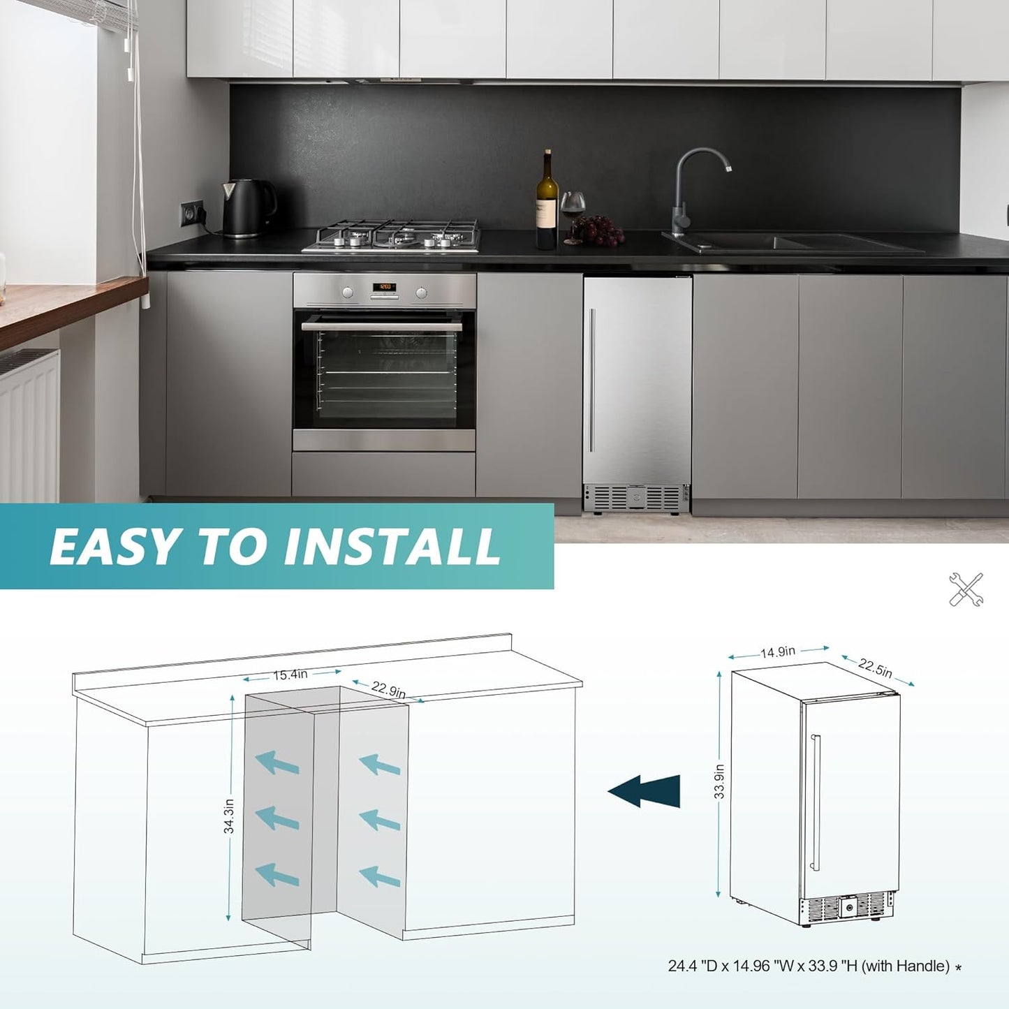 EUHOMY Beverage Refrigerator 15 Inch, Under Counter 127 Can Beverage Fridge with Stainless Steel