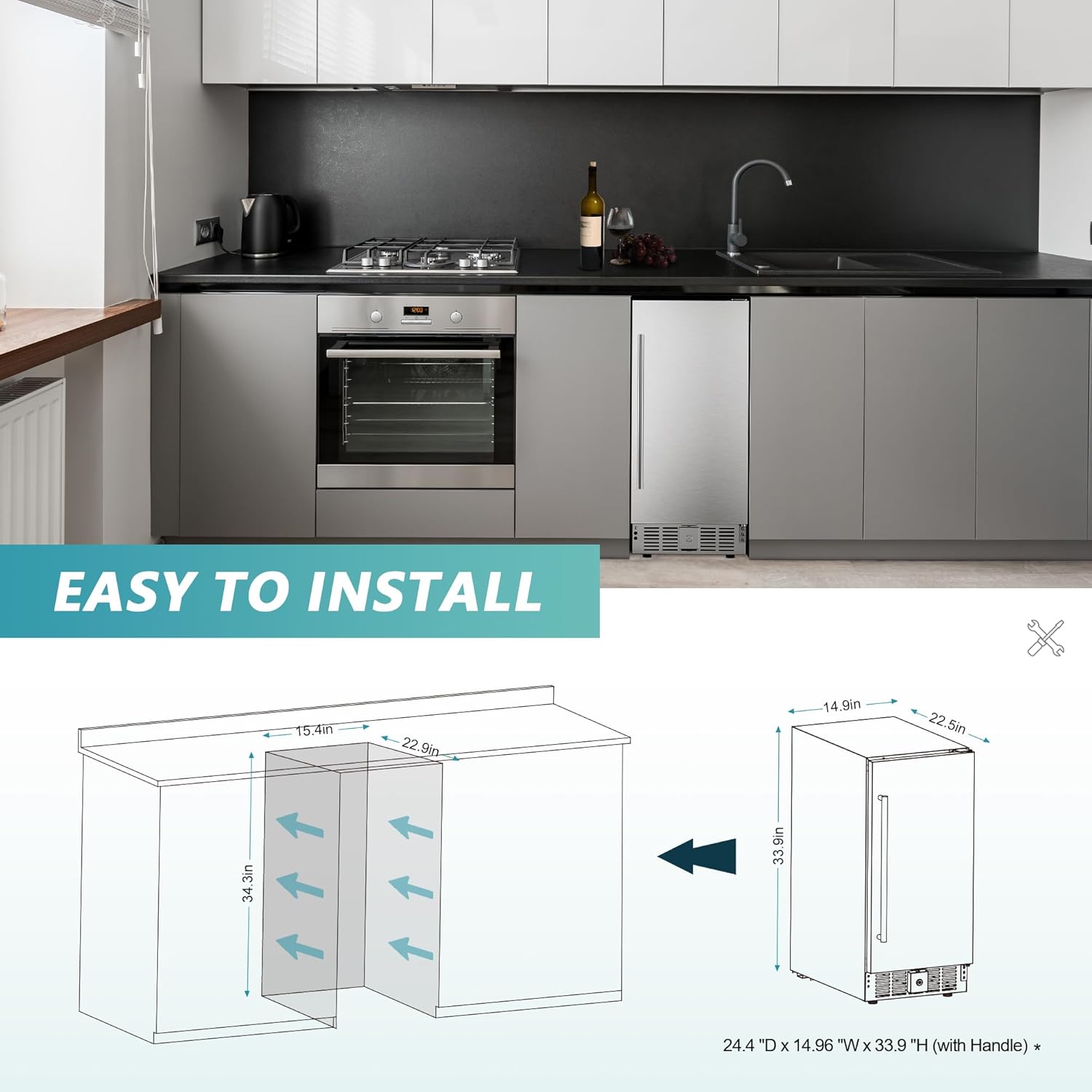 EUHOMY Beverage Refrigerator 15 Inch, Under Counter 127 Can Beverage Fridge with Stainless Steel