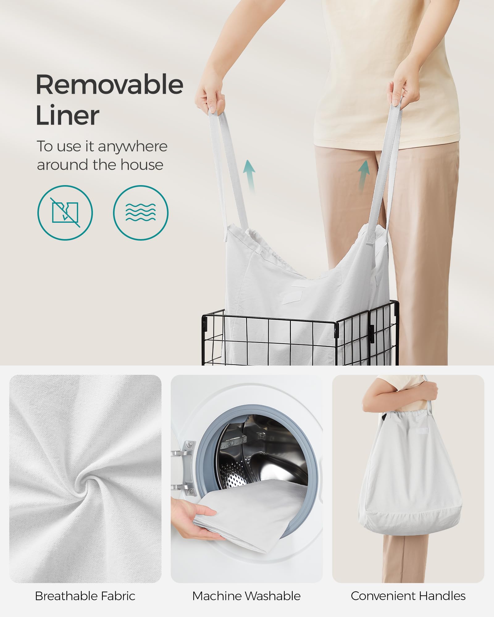 SONGMICS Laundry Hamper, 11 Gal. (50L) Laundry Basket, Collapsible Clothes Hamper, Removable and