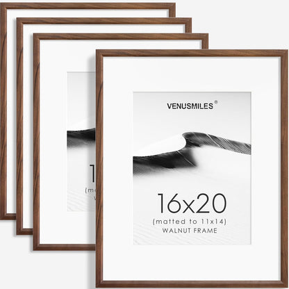 16x20 Picture Frame Set of 4 Natural Solid Walnut Photo Frames with 11x14 Removable Mat Wall