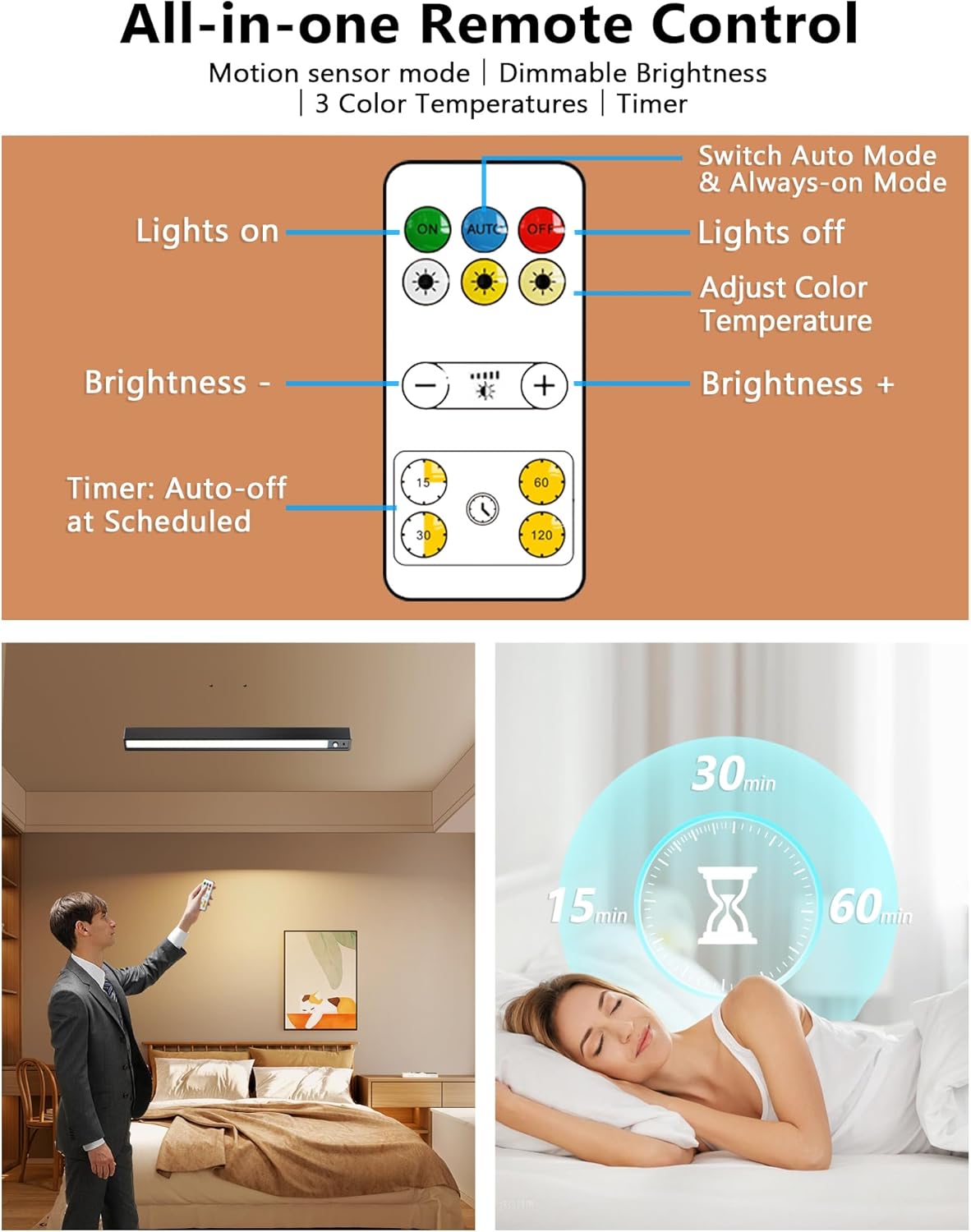 Rechargeable Motion Sensor Ceiling Light, Full Metal Battery Powered LED Closet Light, 3 Color