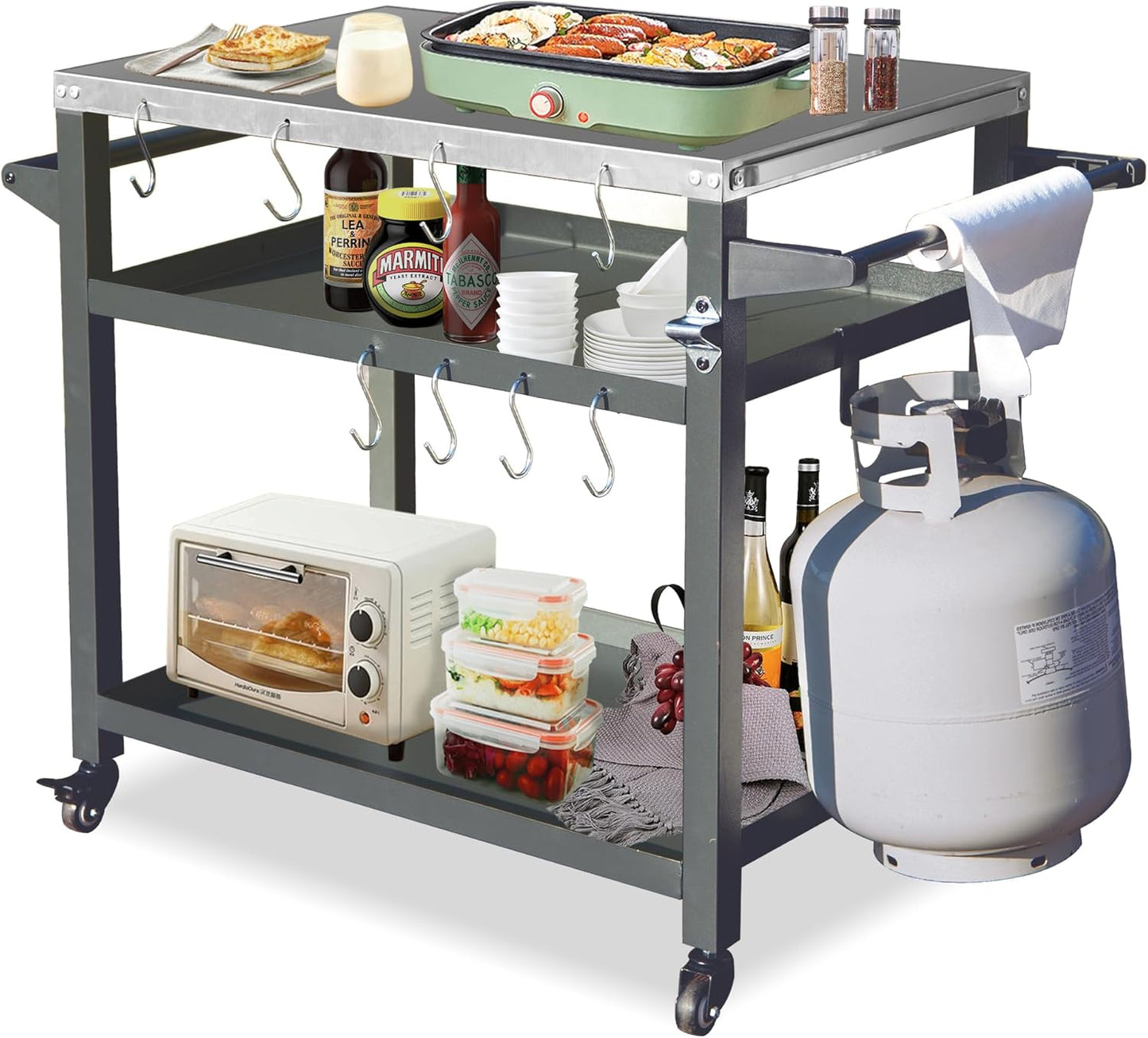 Domi 3-Shelf Outdoor Grill Table, Grill Cart Outdoor with Wheels, Pizza Oven and Food Prep Table
