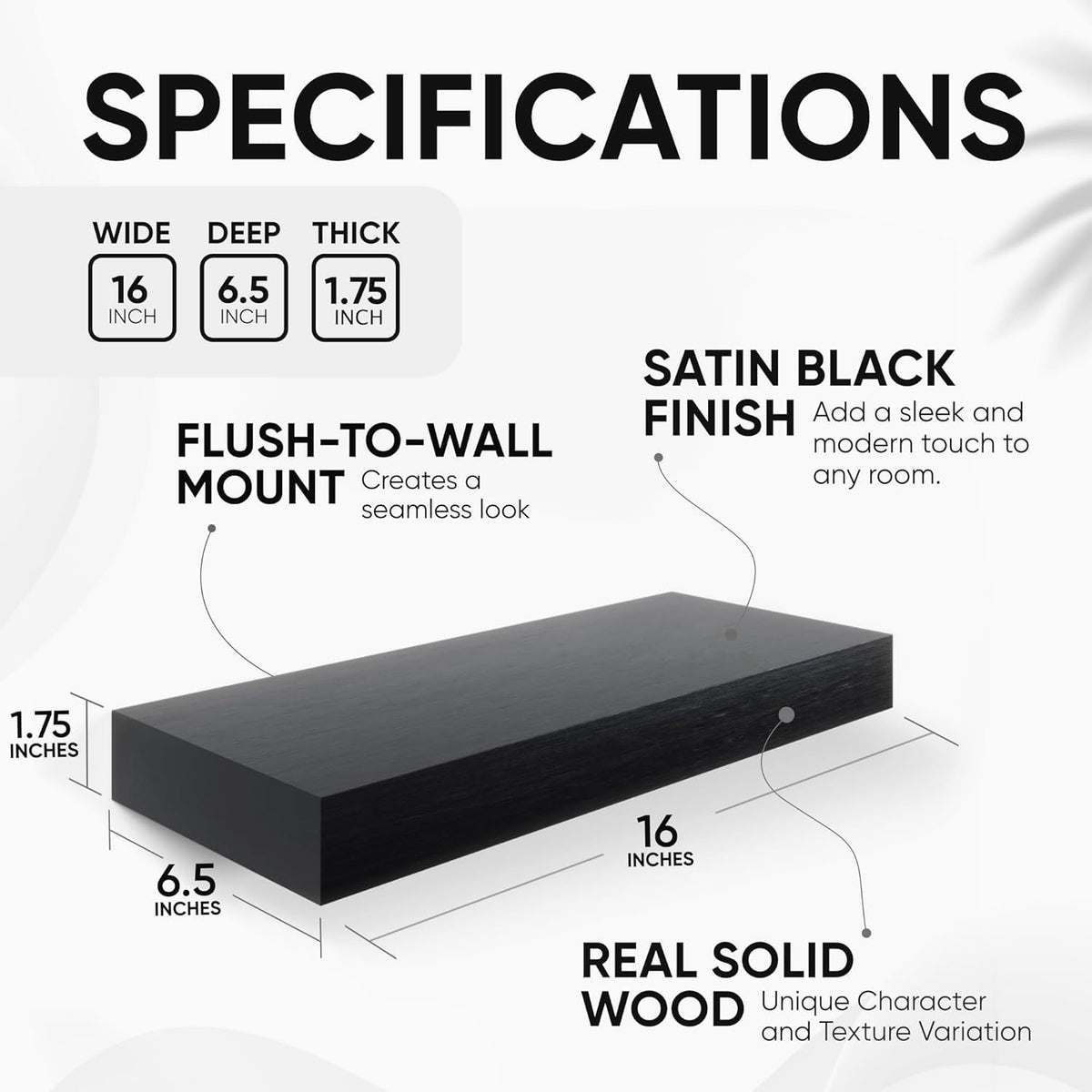 Homeforia 16 inch Black Floating Shelves, High End Solid Real Wood 16inch Bathroom Floating Shelves