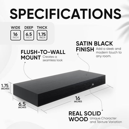 Homeforia 16 inch Black Floating Shelves, High End Solid Real Wood 16inch Bathroom Floating Shelves