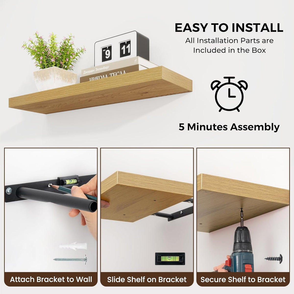 48 inch Floating Shelves for Wall Large Wall Mounted Shelves with Invisible Brackets, Oak Long