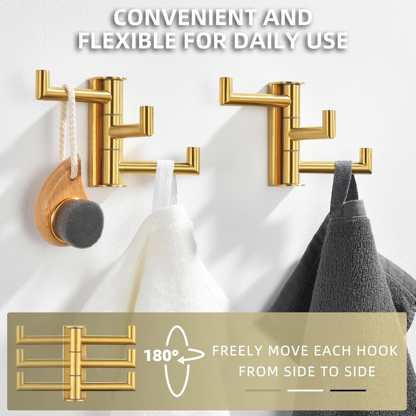 Angle Simple Towel Hooks Swivel, SUS 304 Stainless Steel 3 Arms Foldable Hand Towel Holder, Coat