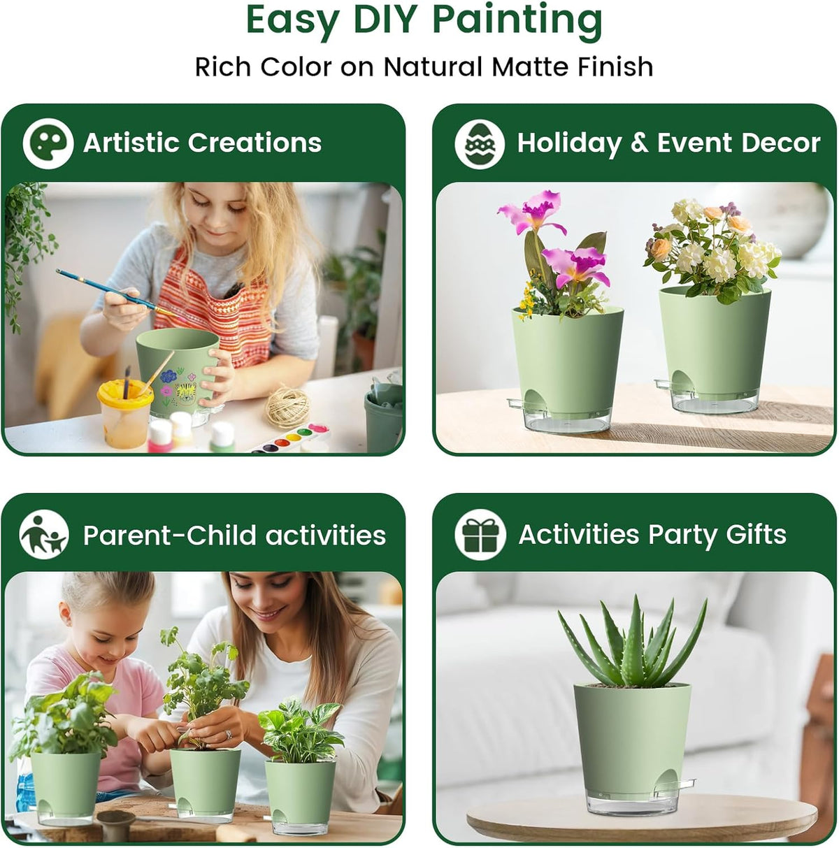 4 inch Self Watering Pots for Indoor Plants, 5 Pack Small Flower Plant Pots with Drainage Holes and