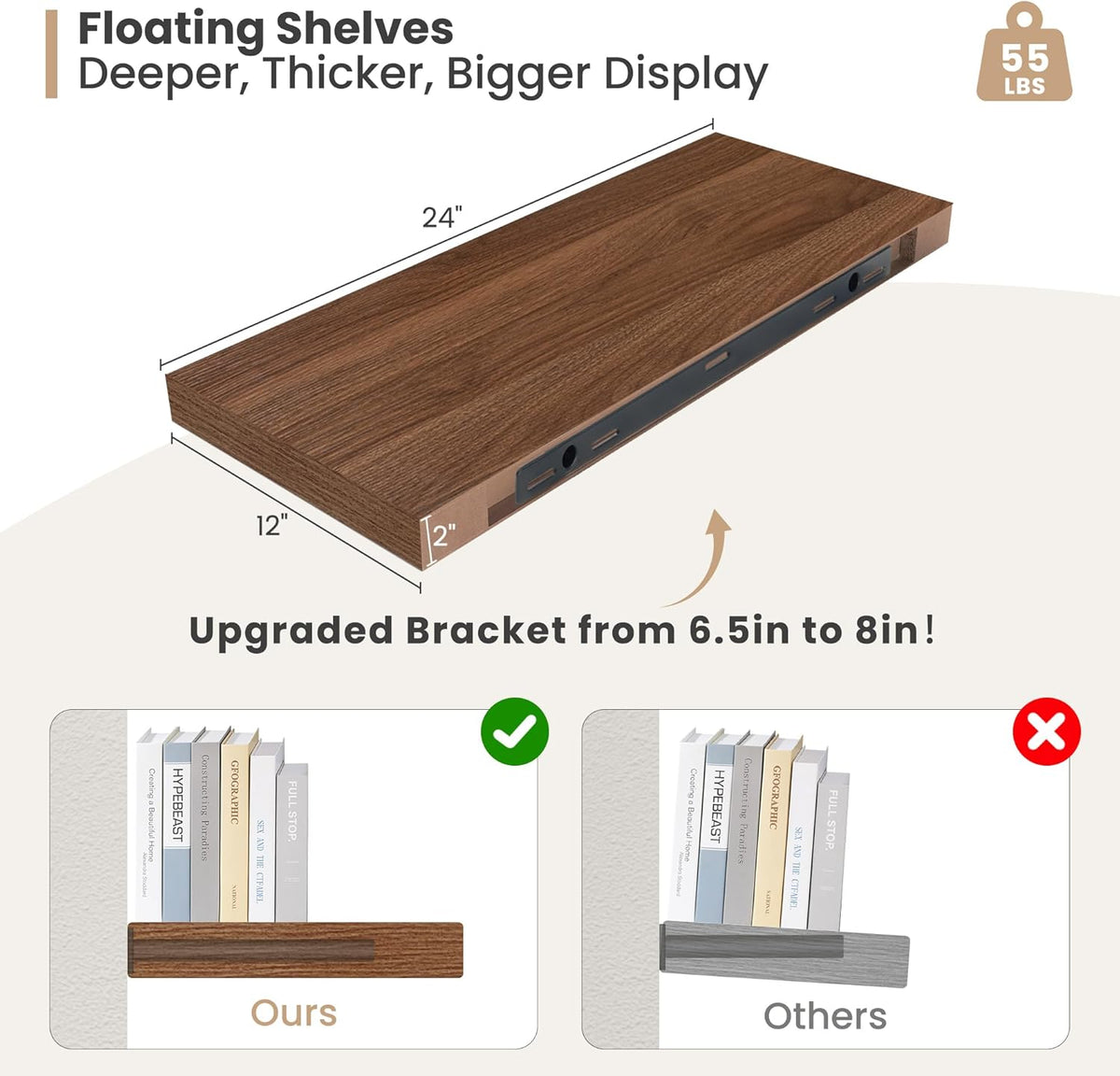 Heimlove 24 x 12 Inch Deep Floating Shelves Wall Mounted with Invisible Brackets,Storage Hanging