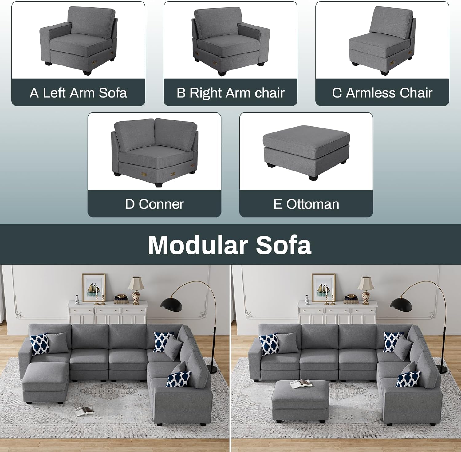 L Lengend Vansen Modular Sectional Sofa U Shaped Couch with Ottoman Modern Reversible Corner