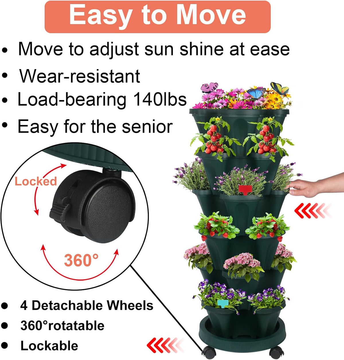 Vertical Planter, 6 Tier Stackable Strawberry Planter with Garden Tool Set, Movable Indoor/Outdoor