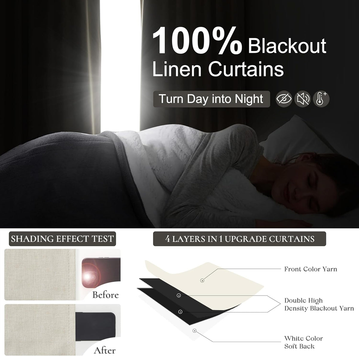 Pinch Pleat Cream Linen 102 Inch Long Curtains for Dining Room 2 Panels Set, Neutral Blackout Viral