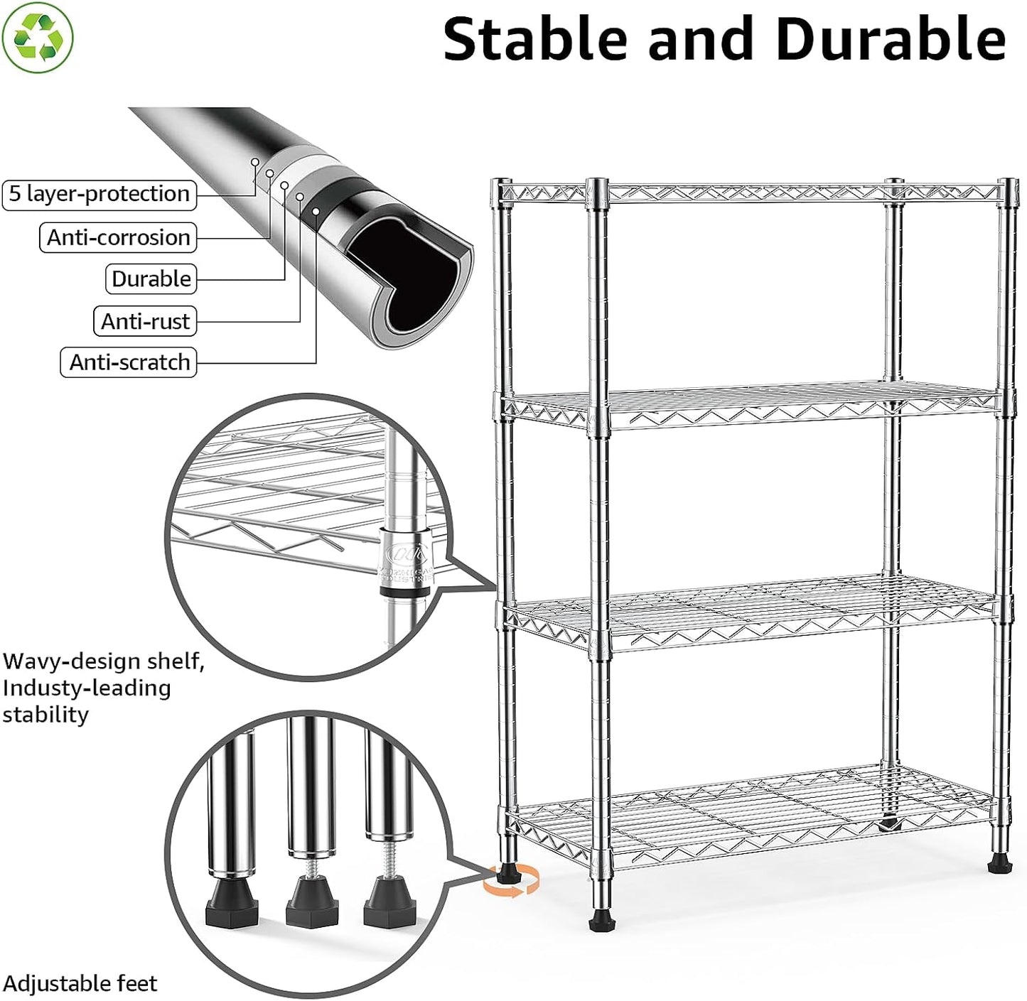 1000 lbs Storage Shelving Steel Heavy Duty 4-Tier Utility Shelving Unit Steel Organizer Wire Rack