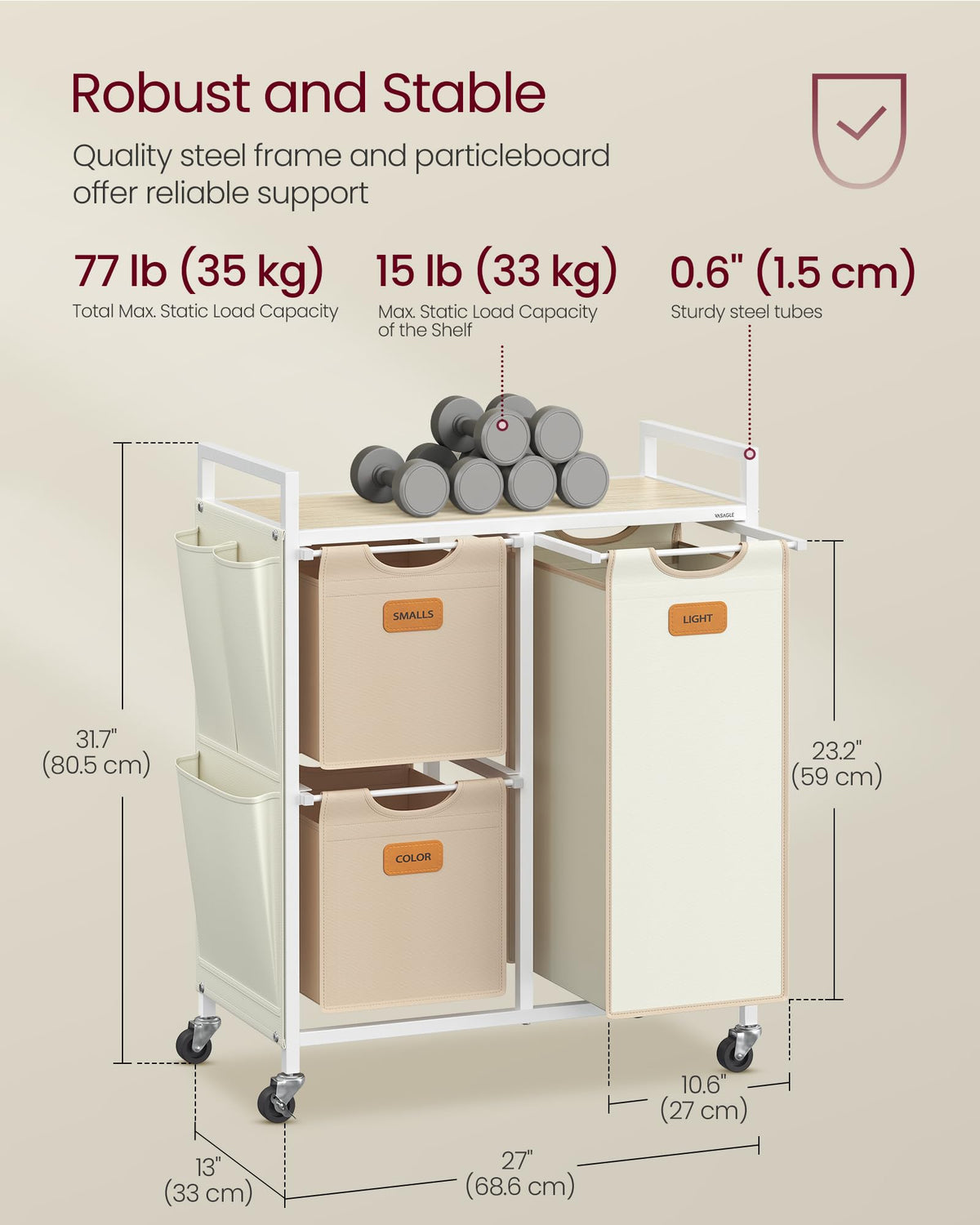 VASAGLE Laundry Hamper with 3 Compartments, 26.4 Gal. (100 L) Laundry Sorter, Rolling Laundry Cart
