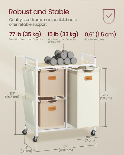 VASAGLE Laundry Hamper with 3 Compartments, 26.4 Gal. (100 L) Laundry Sorter, Rolling Laundry Cart
