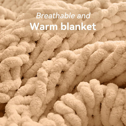 Chunky Knit Throw Blanket, 50''*60'' Knitted Throw Chenille Yarn for Bed Couch, Handmade Beige