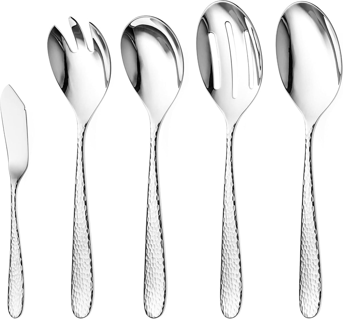 Hammered Serving Utensil Set, 18/10 Stainless Steel Serving Spoons, Salad Servers, Butter Knives