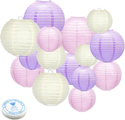 15Pcs Paper Lanterns Decorative, Pink Purple White Hanging Lantern for Mermaid Theme Girl Birthday