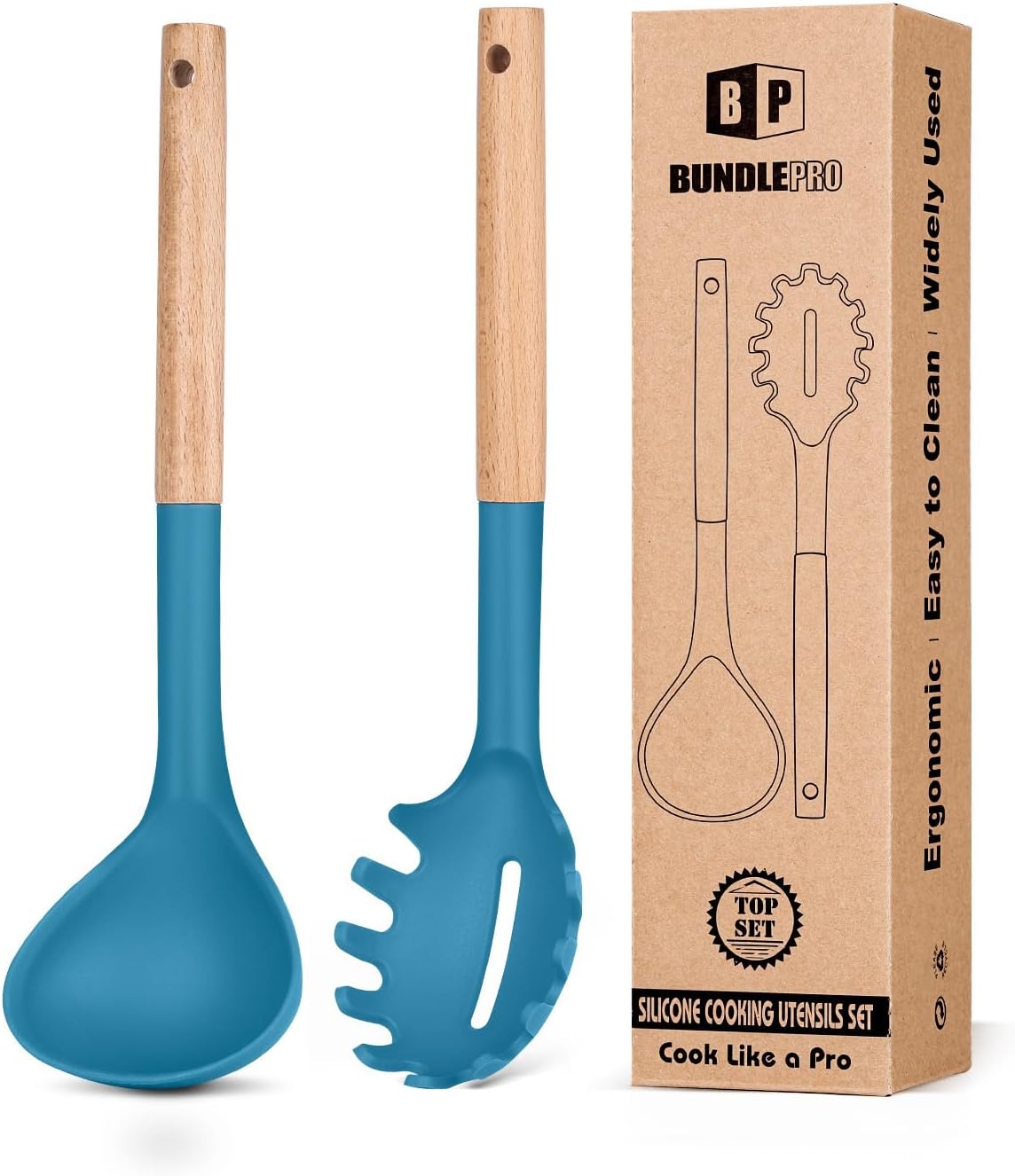 Silicone Pasta Fork and Ladle Spoon Set with Wooden Handle, Heat Resistant Non Stick Kitchen