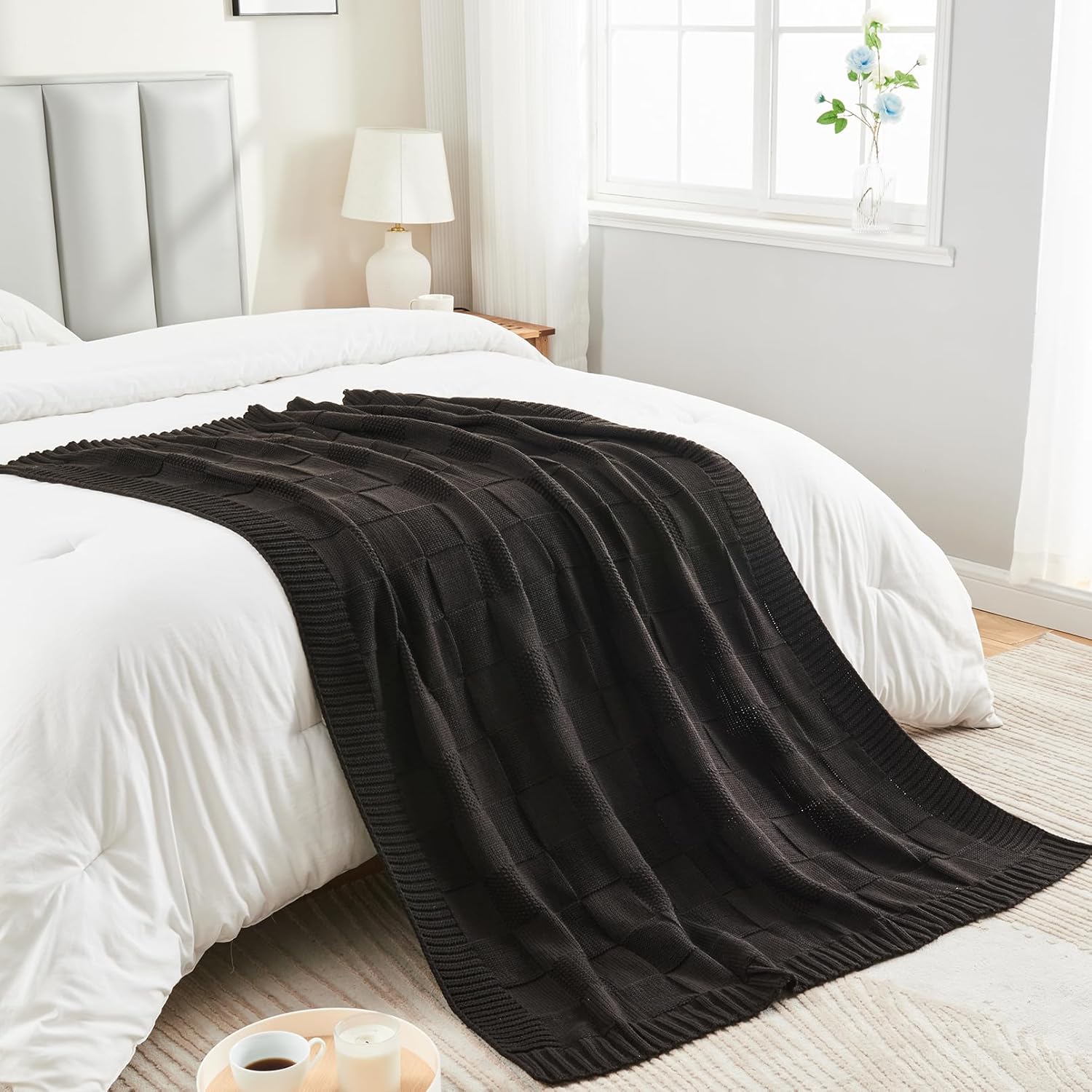 CozeCube Check Knit Throw Blanket, Jet Black Checkered Throw for Couch, Decorative Christmas Soft