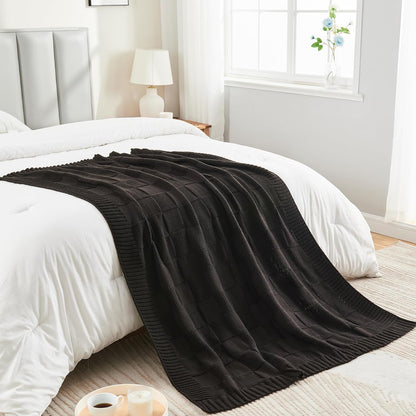 CozeCube Check Knit Throw Blanket, Jet Black Checkered Throw for Couch, Decorative Christmas Soft