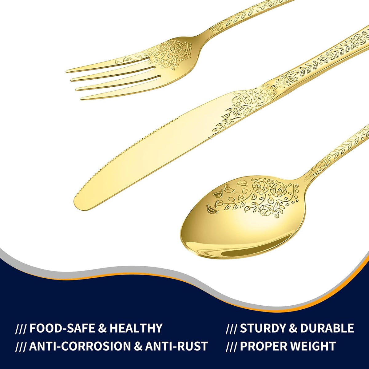 Floral 40 Pcs Gold Silverware Set for 8, Food Grade Stainless Steel Flatware Set with Rose Flower