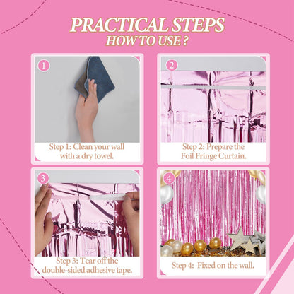 3 Pack Foil Fringe Backdrop - Pink Shiny Tinsel Curtains for Party Decoration/Photo Booth Props