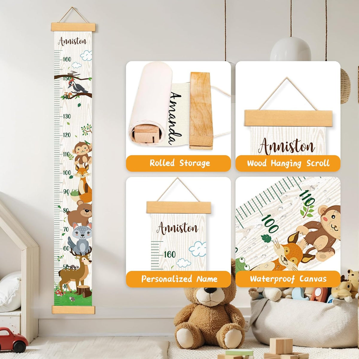 Personalized Name Growth Chart Wall Decor for Kids – Canvas Removable Height Chart Measuring Ruler