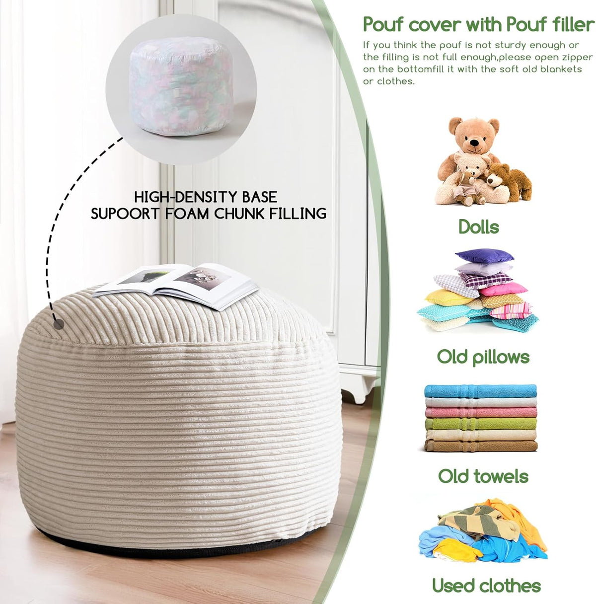 HIGOGOGO Round Stuffed Pouf Ottoman, Corduroy Poufs with Foam Chunk Filling, Furry and Fluffy Pouf